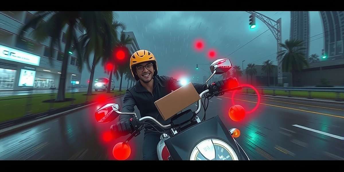 Instant Delivery screenshot showing a delivery executive on a motorcycle navigating through a monsoon rainstorm with reduced visibility