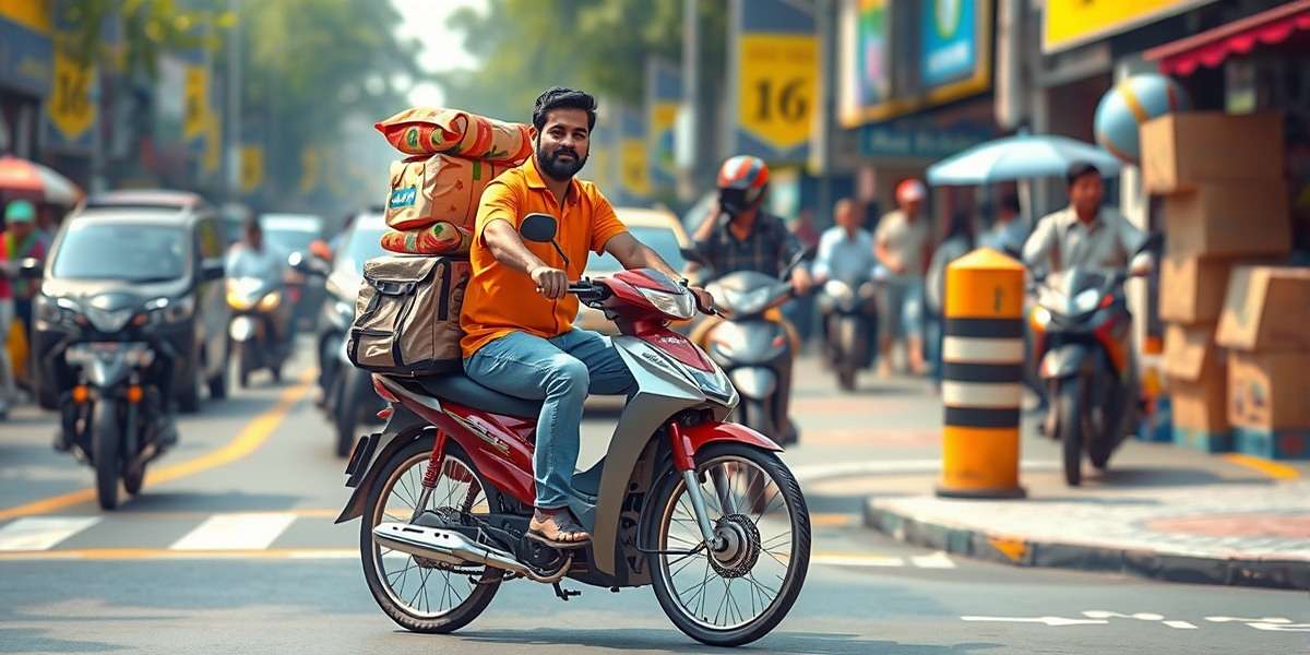 Instant Delivery game cover showing Indian delivery boy on bike with various packages in a busy street