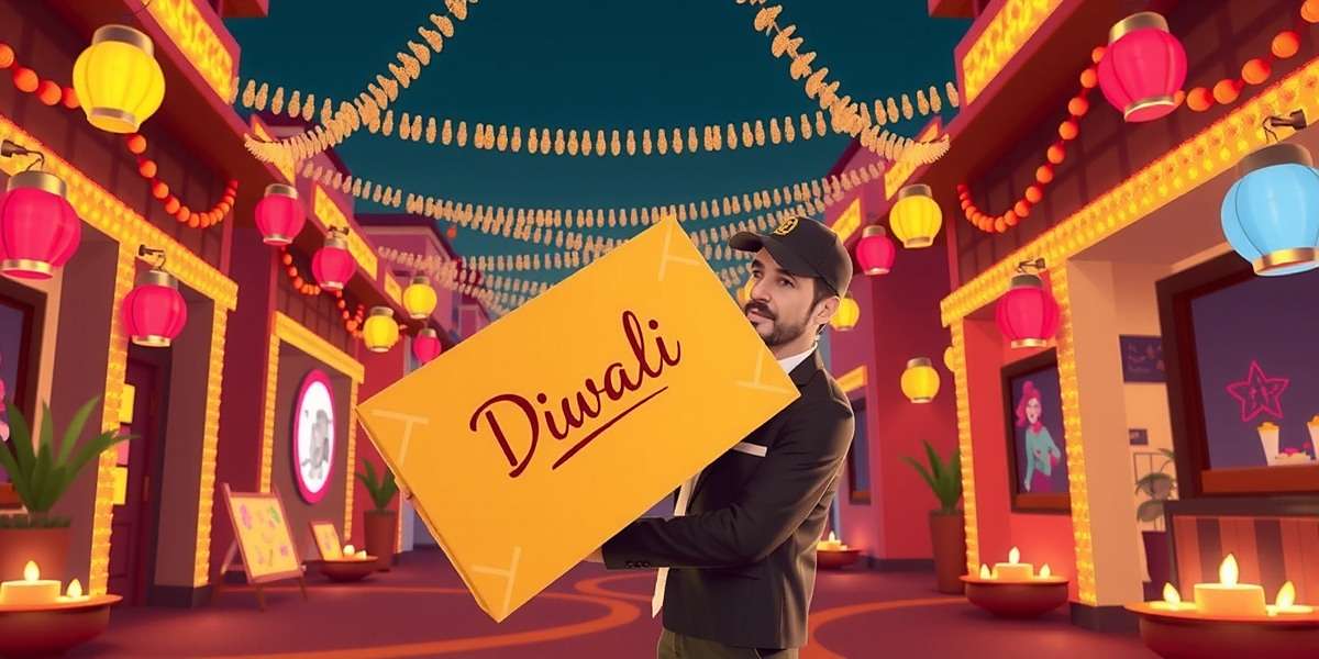 Instant Delivery Diwali special event screenshot showing decorated streets with festive lights and a delivery executive carrying sweet boxes